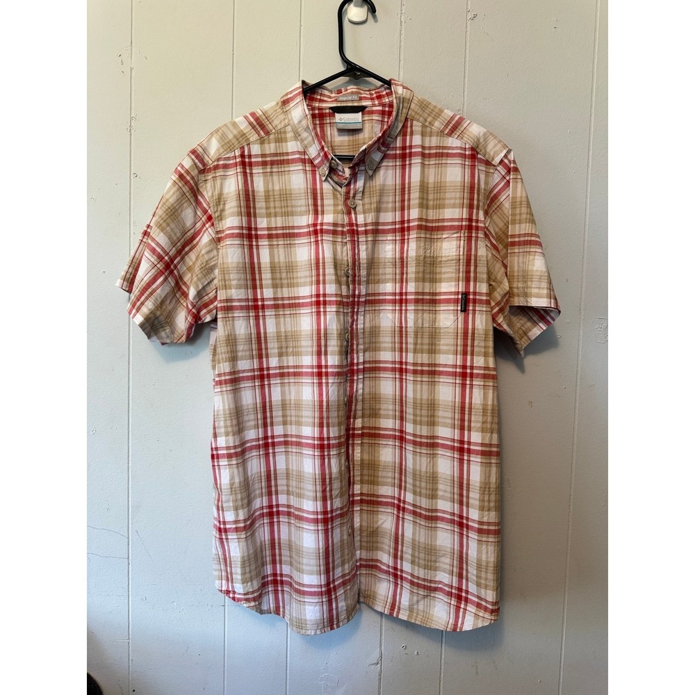 Columbia Mens Plaid Short Sleeve Button Down Shirt Red Tan Cotton AM9132 Large